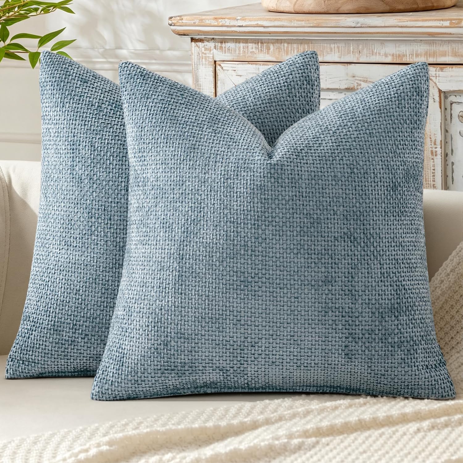 Miulee Pack of 2 Coastal Blue Euro Sham Pillow Covers 24x24 Inch Summer Modern Boho Accent Decorative Throw Pillow Covers Chenille Farmhous…