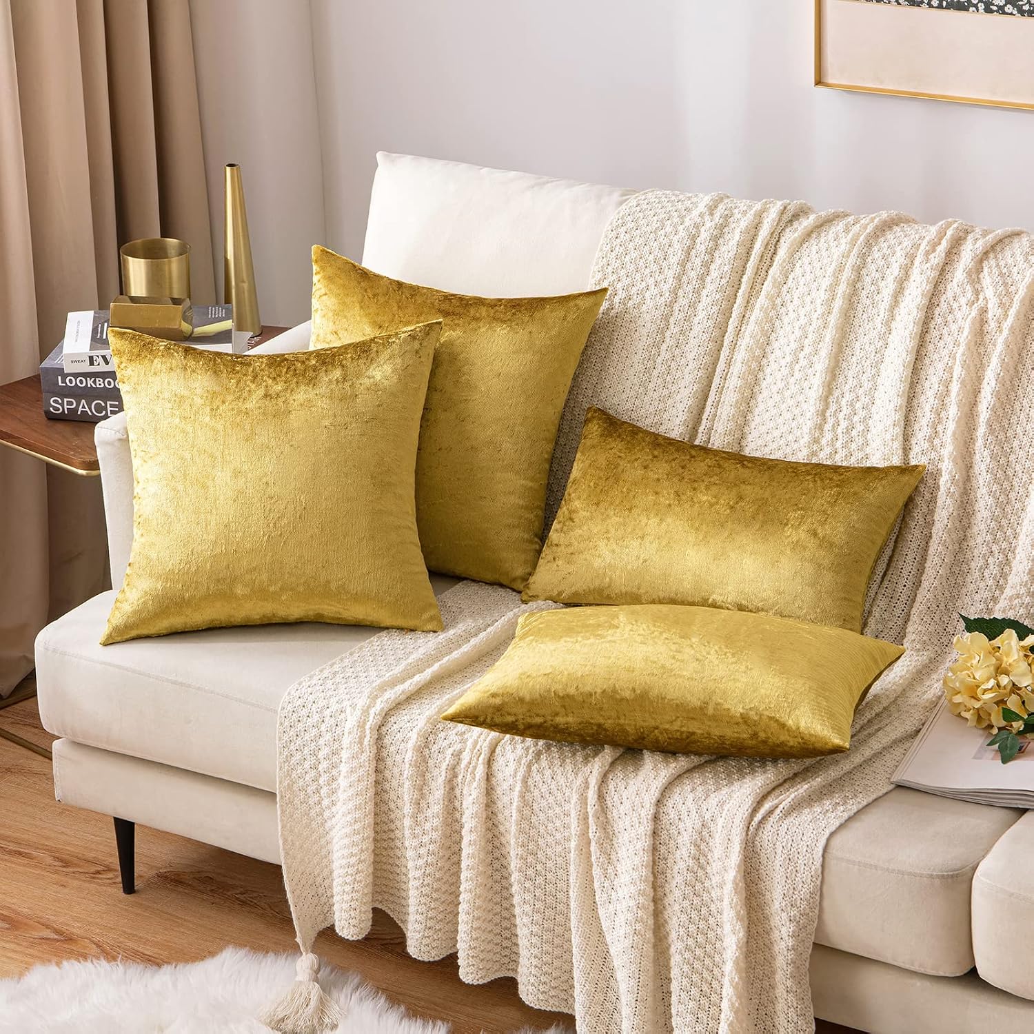 Miulee Velvet Throw Pillow Covers 20x20 Inch, Pack of 2 - Golden, Super Soft Decorative Square Cushion Cases Modern Luxury Home Decor for S…