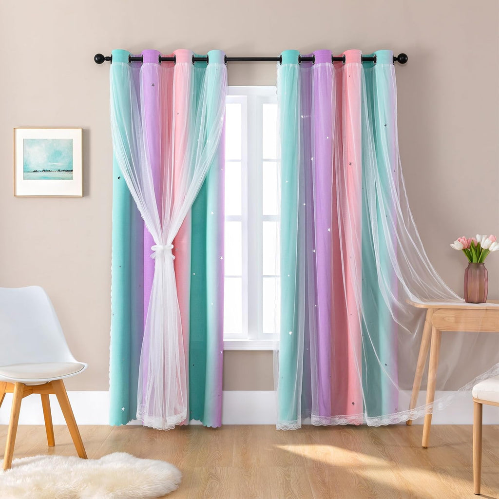 Addsomecolortolife XiDi Curtains for Bedroom Kids Rainbow Pink Purple Green Curtains for Girls Room Darkening 42/79 1.6 inch Pink