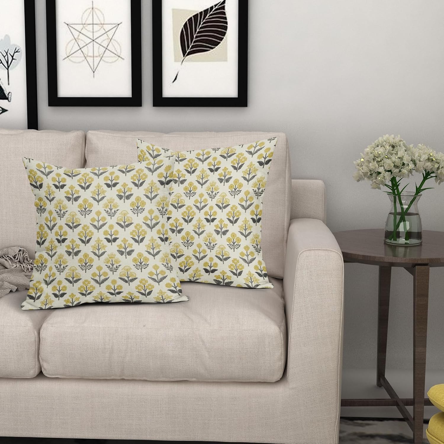 Black Yellow Floral Pillow Covers 20x20 Inch Set of 2, Vintage Flower Block Print Spring Summer Decorative Throw Pillowcases Outdoor…