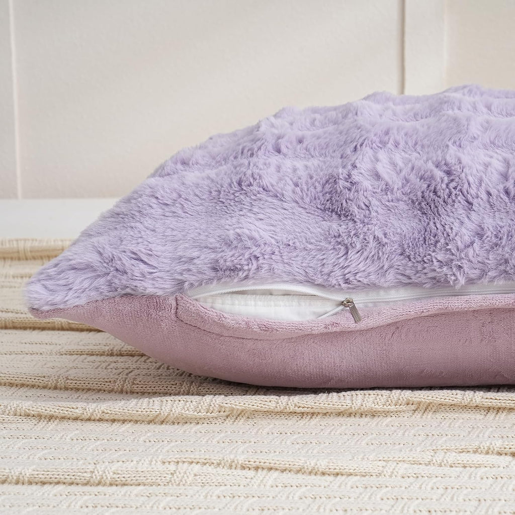 Chumerry Fuzzy Faux Fur Pillow Case Plush Shaggy Pillow Cover Plaid Check Texture Extra Soft Fluffy Faux Rabbit Fur Fabric Purple Decorativ…