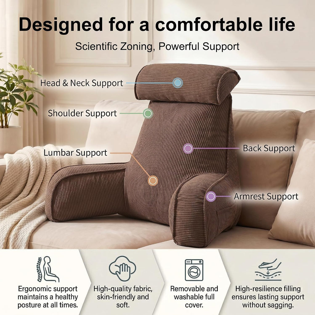 Ailuteie Reading Pillow for Sitting Up, Backrest Pillow with Arms, Corduroy Back Support Cushion with Side Pockets & Washable Cover, Bed Re…