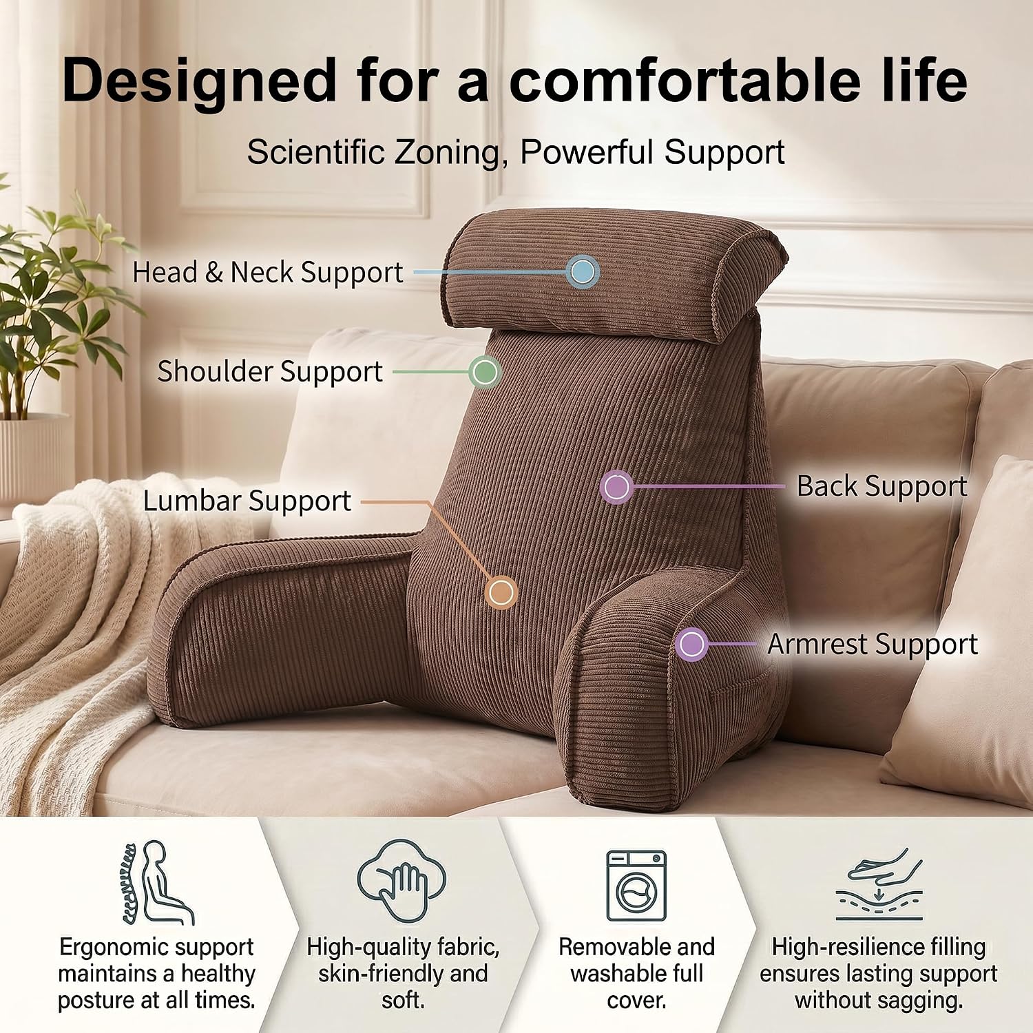 Ailuteie Reading Pillow for Sitting Up, Backrest Pillow with Arms, Corduroy Back Support Cushion with Side Pockets & Washable Cover, Bed Re…