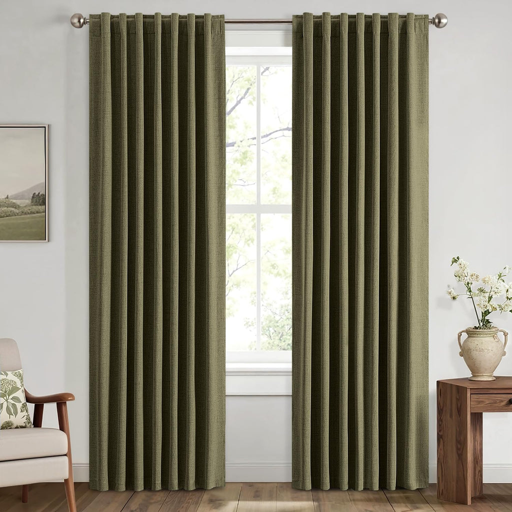 Miulee 100% Blackout Linen Curtains for Bedroom, Light Olive Green Solid Luxury Decor Thermal Insulation Room Darkening Drapes for Living R…