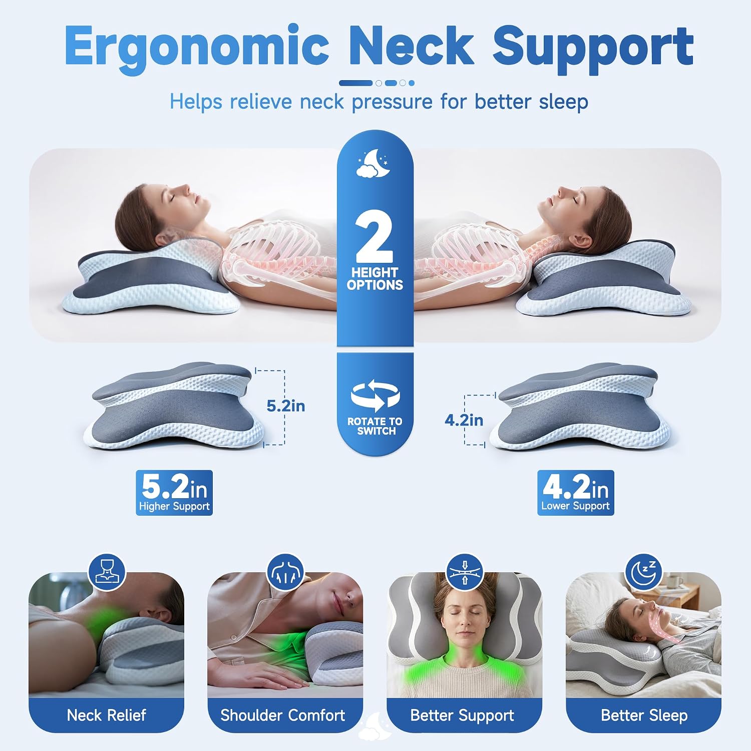 HEIHING Cervical Neck Pillow for Sleeping, Ergonomic Neck Support Pillow for, Cooling Memory Foam Contour Pillow for Side & Back Sl…