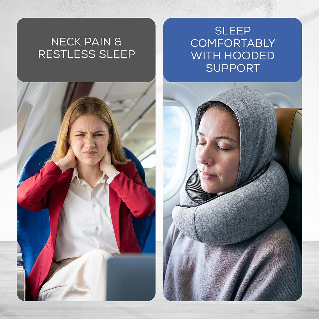 Travel Neck Pillows for Airplanes – Sleep Comfortably on Long Flights, Roadtrips, Home or Office. All-in-One Travel Sleep Kit with Hood…