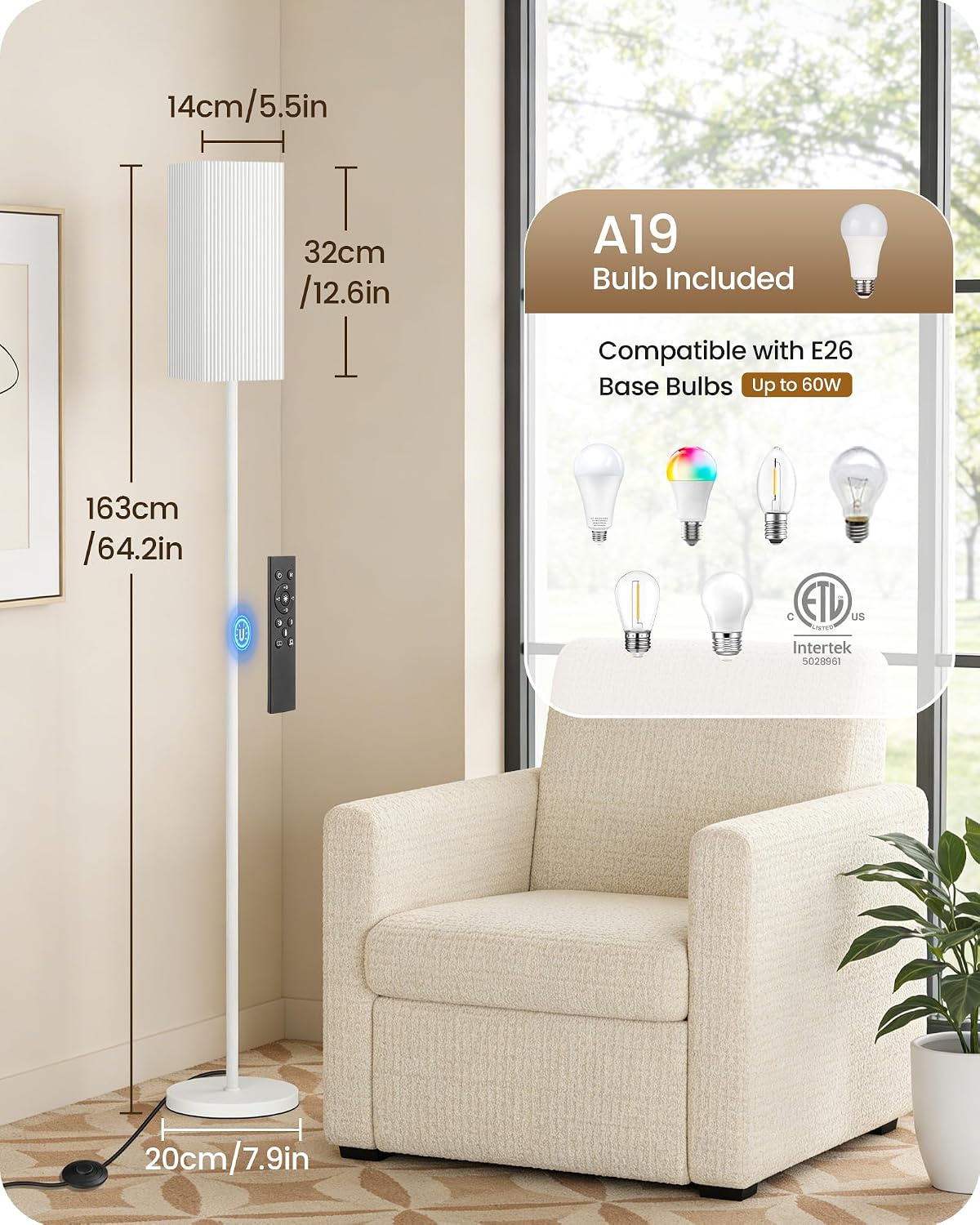 64.2'' Dimmable Floor Lamp for Living Room with Remote and Foot Switch, Corner Floor Lamp for Bedroom, Includes 10W A19 Bulb, Modern…