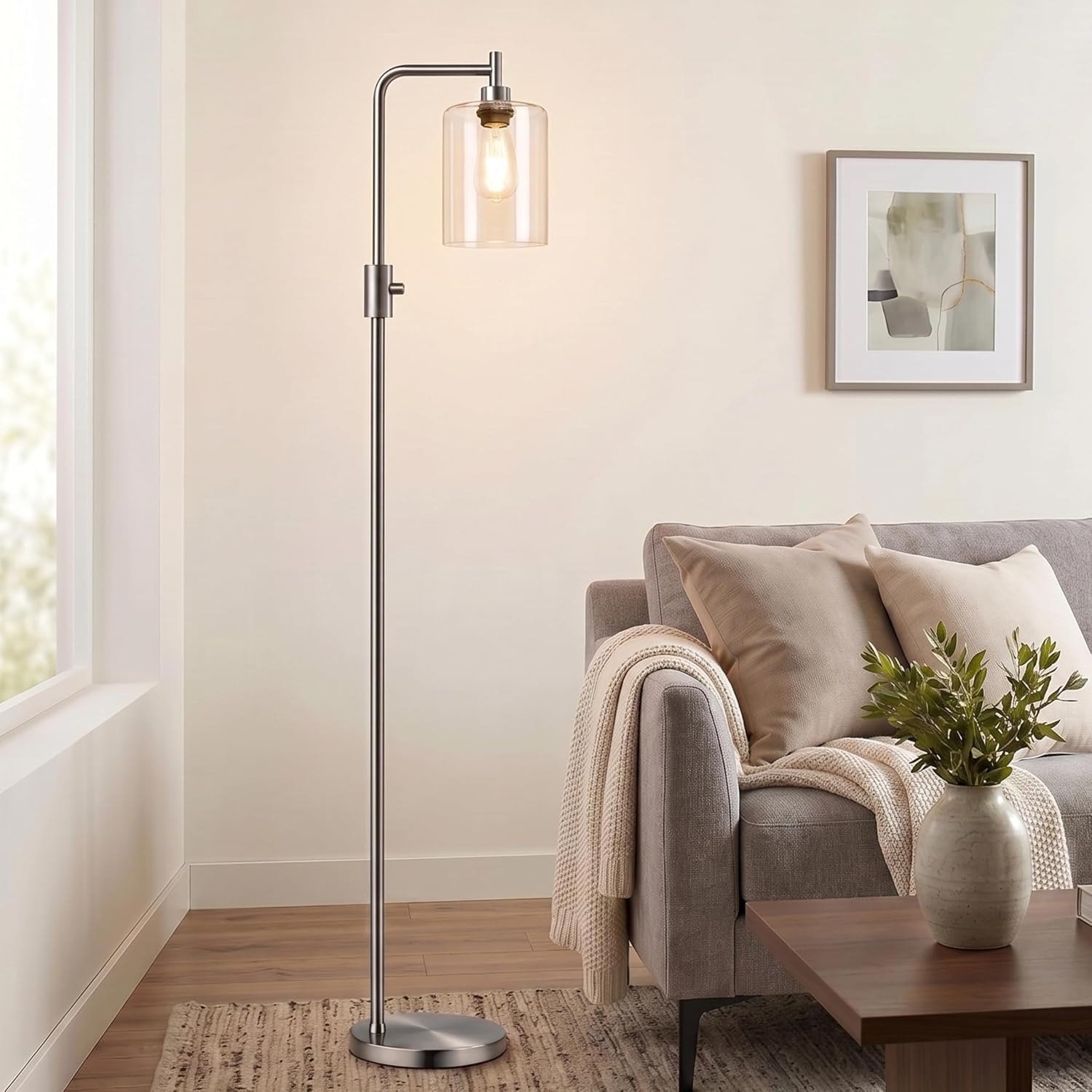 Upgraded】Dimmable Floor Lamp for Living Room with Glass Lampshade, Brushed Nickel Modern Floor Lamp with 900LM LED Bulb Included, Bright…