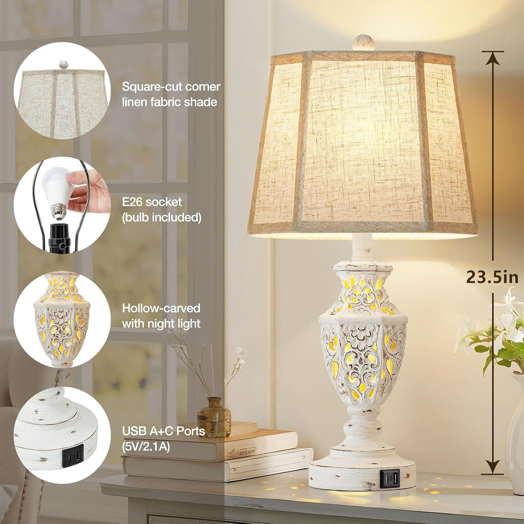 EJIAXIN Lamps for Night Stands Set of 2-23.5" Boho Bedside Lamp with USB A+C and Nightlight - Cream Rustic Carved Resin Farmhouse Table…