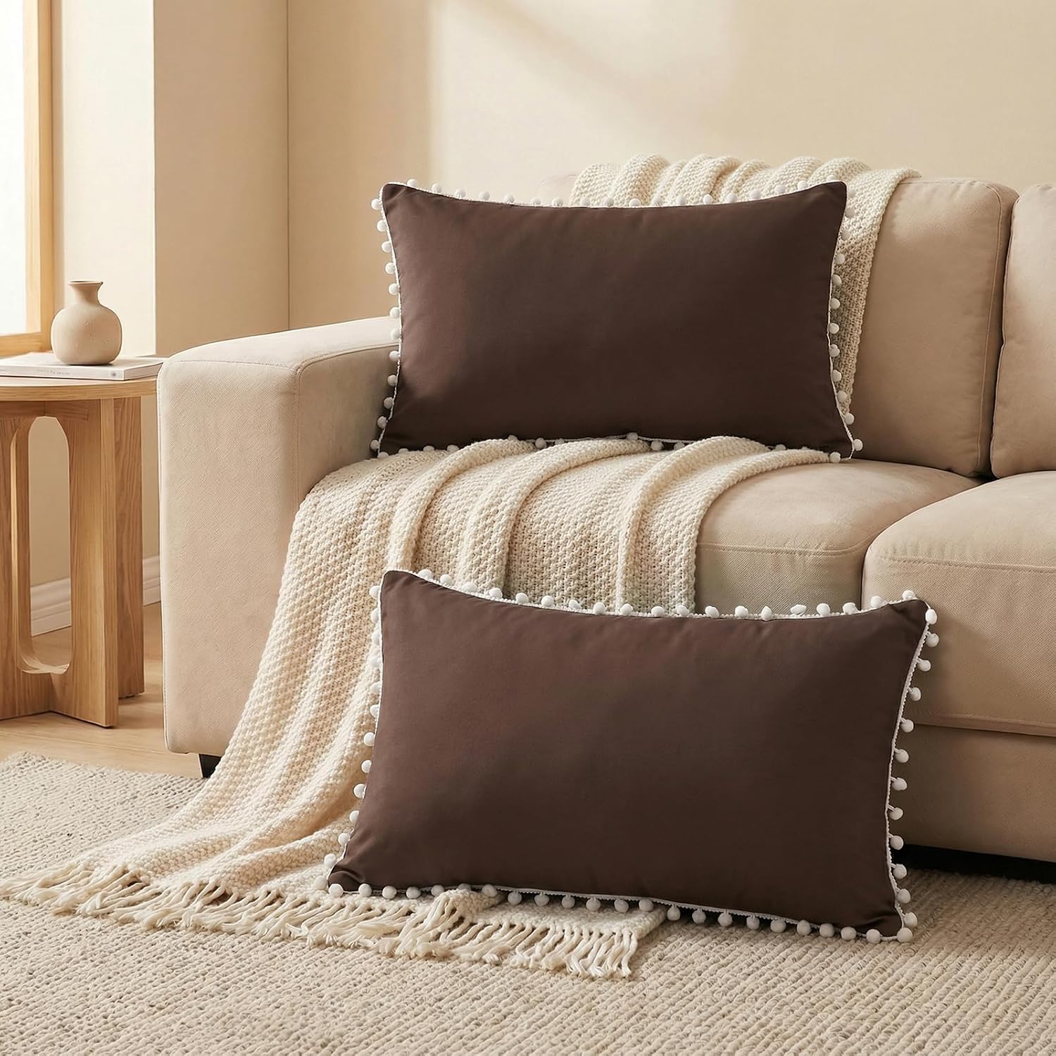 Moveover Dark Brown Pom Poms Pillowcases, Standard Queen Size Pillow Cases Set of 2, 100% Washed Microfiber, Chocolate Ball Fringe Pillow Co…