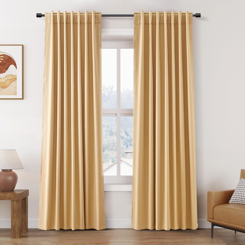 Nanspring Camel 100% Blackout Linen Curtains for Bedroom 84 Inch Length 2 Panels Set Back Tab Thermal Insulated Vintage Modern Black out Cu…