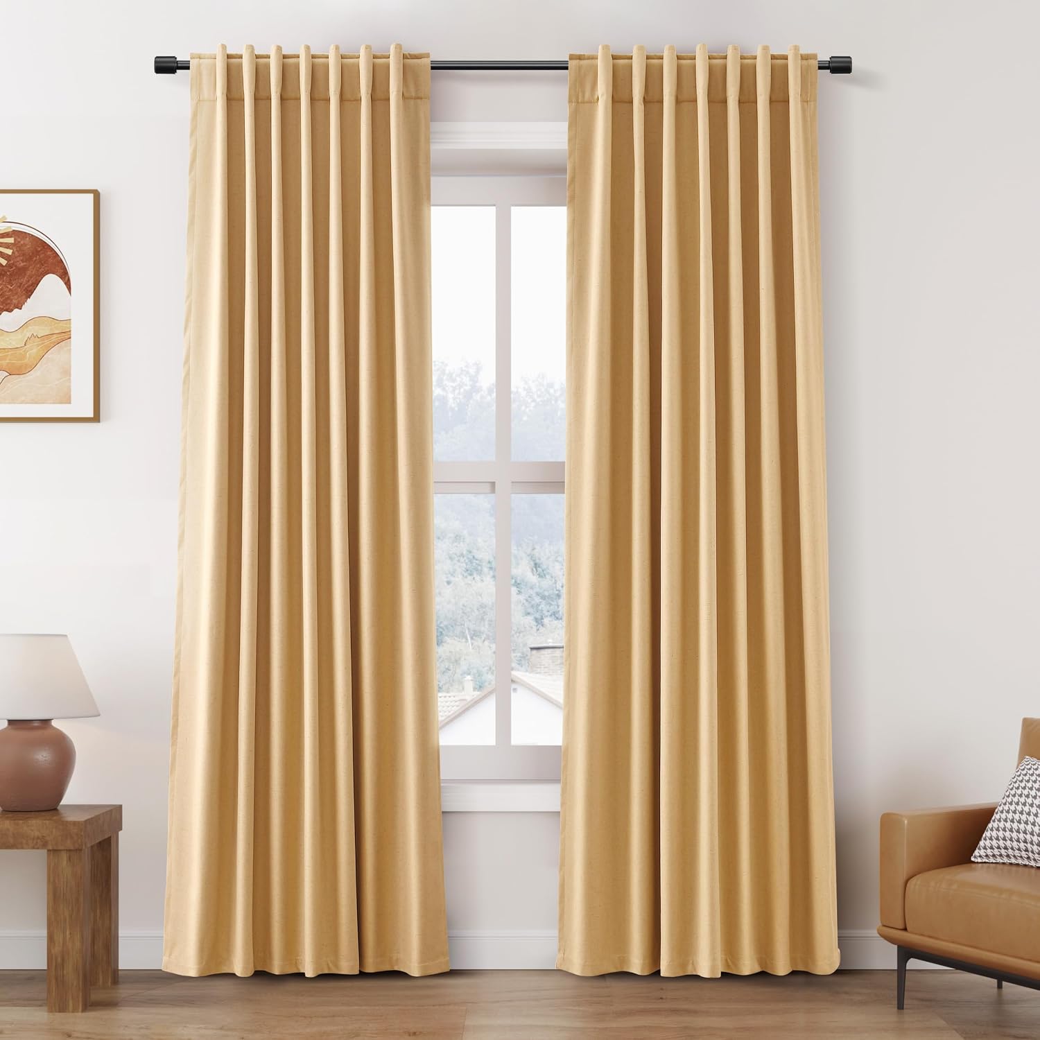 Nanspring Camel 100% Blackout Linen Curtains for Bedroom 84 Inch Length 2 Panels Set Back Tab Thermal Insulated Vintage Modern Black out Cu…