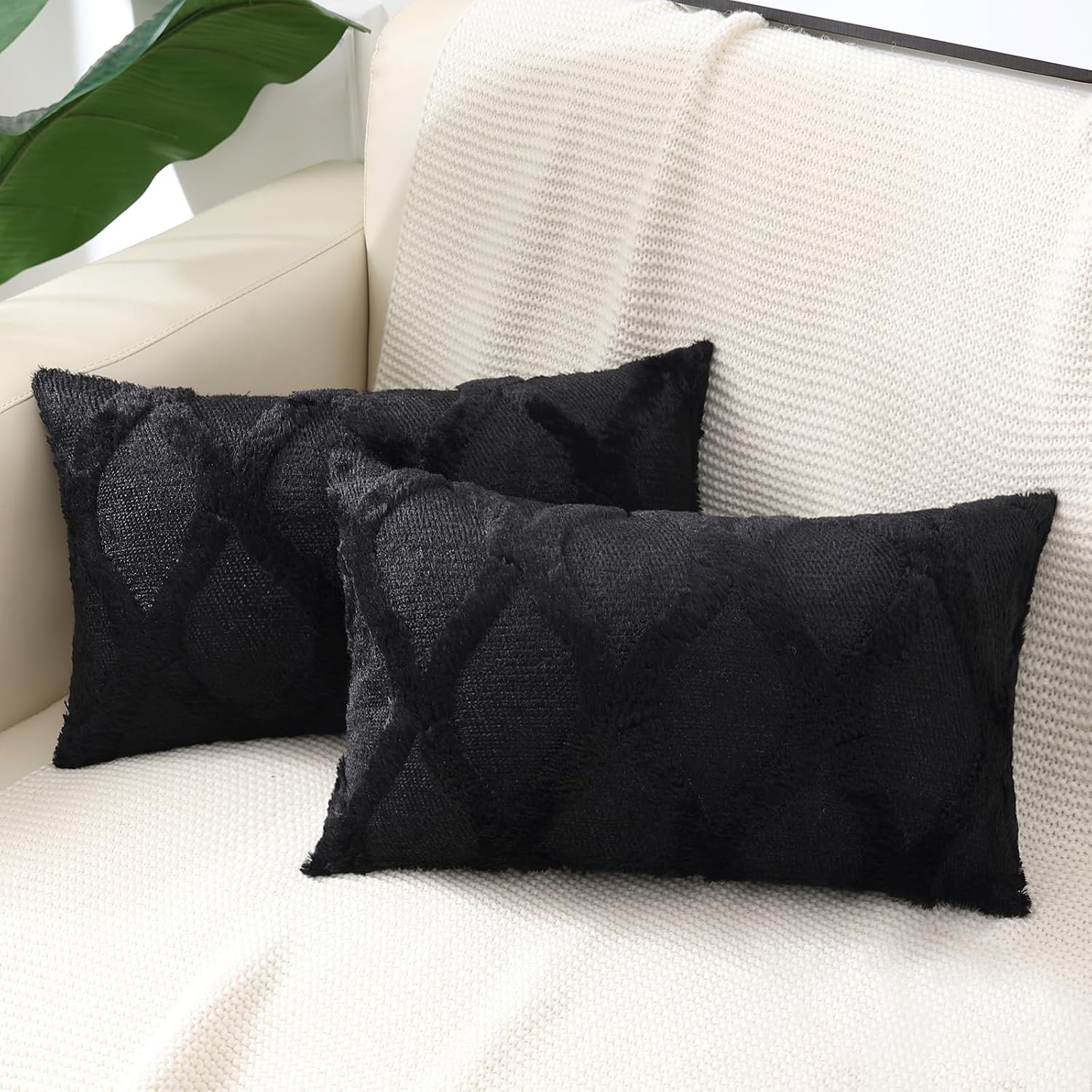 decorUhome Summer Throw Pillow Covers 12x20 Inch Set of 2, Soft Plush Faux Fur Wool Lumbar Black Accent Couch Pillow Covers for Modern Farm…
