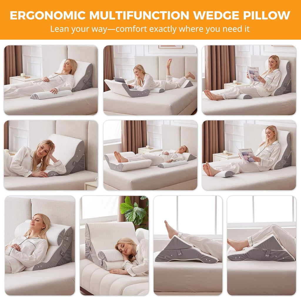Ruqmuis 3PCS Wedge Pillow Set for After Surgery, Adjustable Back Pillow for Bed Sitting up, Acid Reflux, Bed Wedge Pillow Headboard for Sle…