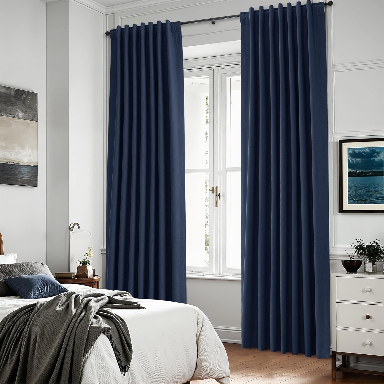 Nanspring Navy Blue 100% Blackout Linen Curtains 84 Inch Length 2 Panels Set for Bedroom Back Tab Modern Luxury Nautical Decor Black Out Cu…