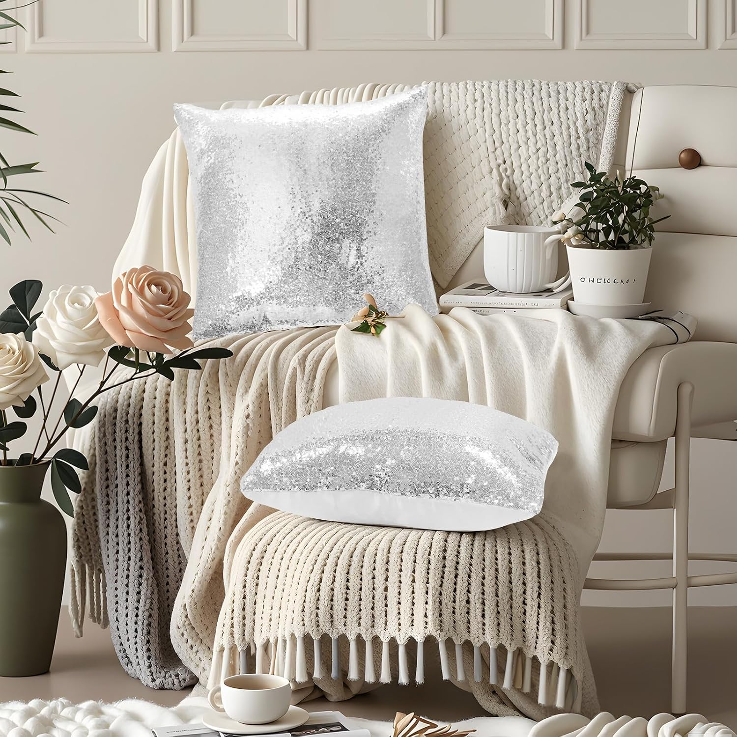 Eternal Beauty Set of 2 Sequin Decorative Pillow Covers Silver Pillow Cover s for Couch Bed Throw Pillows 18 X 18 Inches