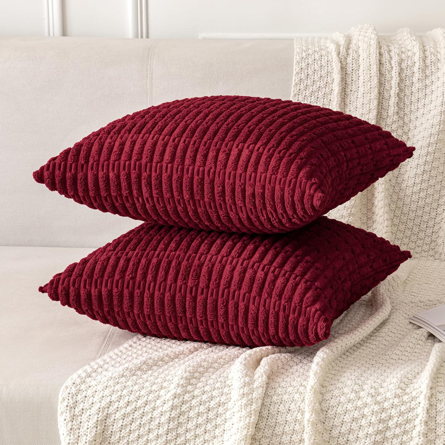 Miulee Pack of 2 Burgundy Corduroy Decorative Pillow Covers 20x20 Inch Soft Boho Striped Throw Pillow Covers Modern Farmhouse Home Decor fo…