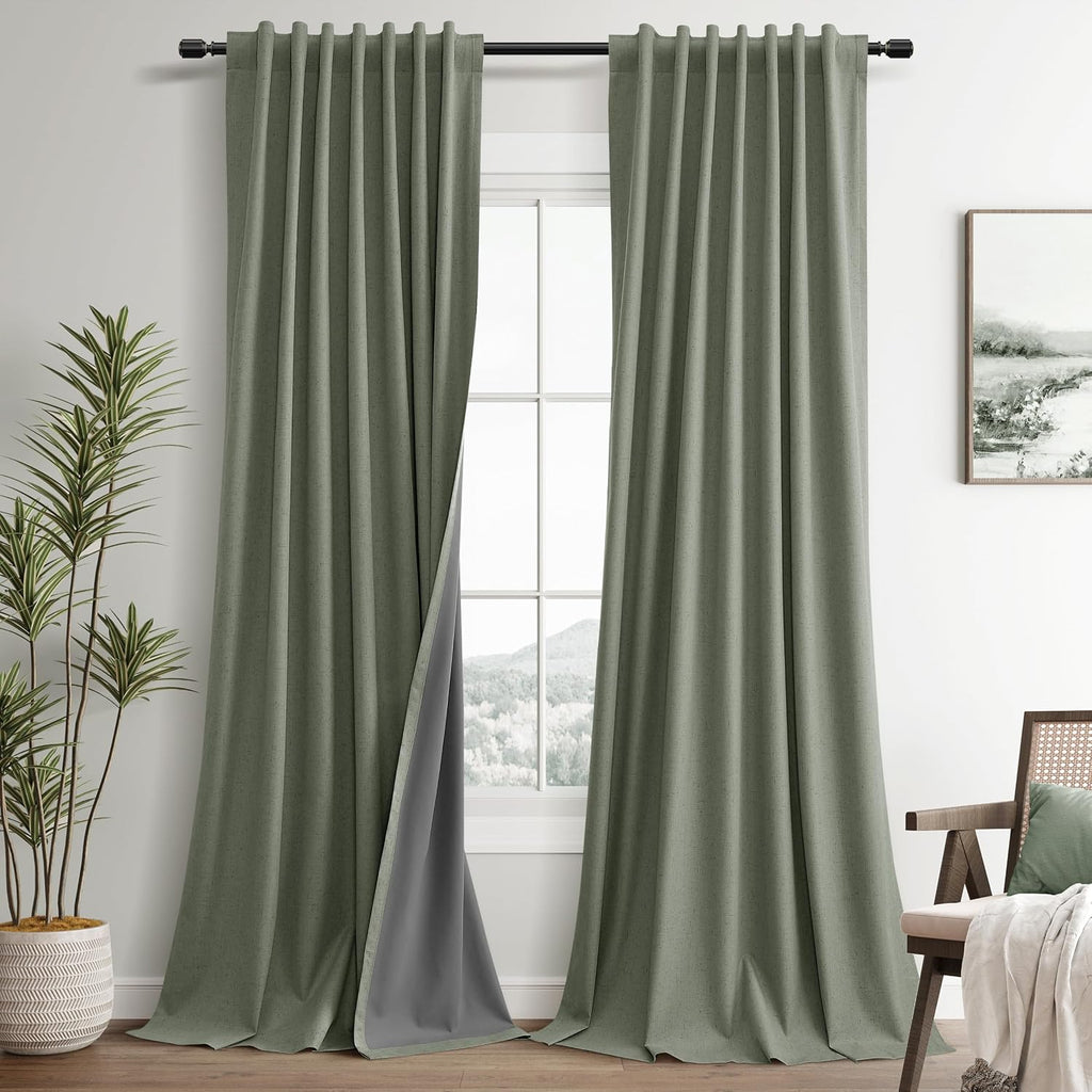 Guken Sage Green Linen 100% Blackout Curtains 90 Inches Long for Bedroom Back Tab Elegant Country Farmhouse Black Out Room Darkening Therma…