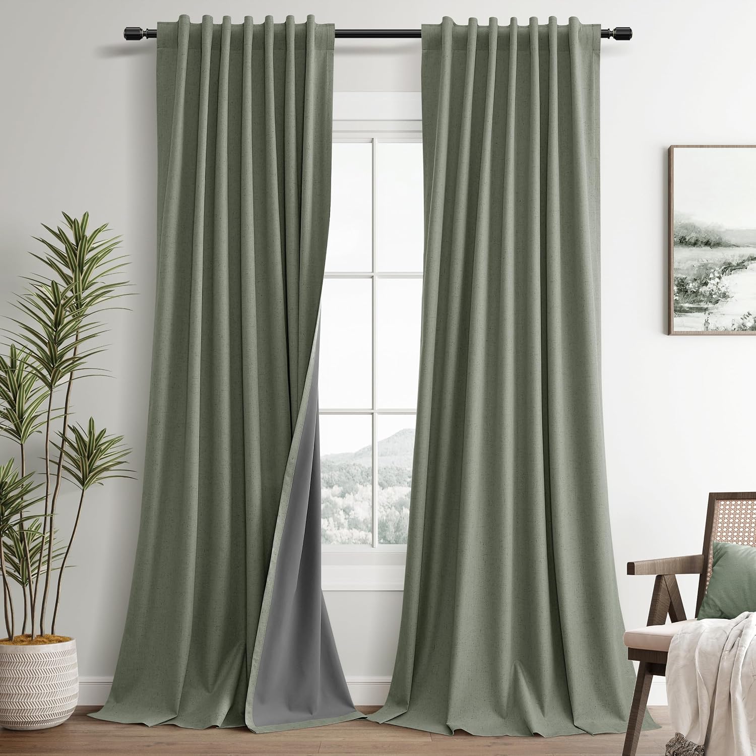 Guken Sage Green Linen 100% Blackout Curtains 90 Inches Long for Bedroom Back Tab Elegant Country Farmhouse Black Out Room Darkening Therma…
