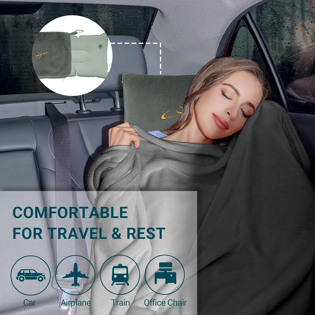 Travel Blanket and Pillow Set for Airplane, 300 GSM Soft Fleece Compact Travel Blanket with Inflatable Pillow and Carry Bag, 60x43…