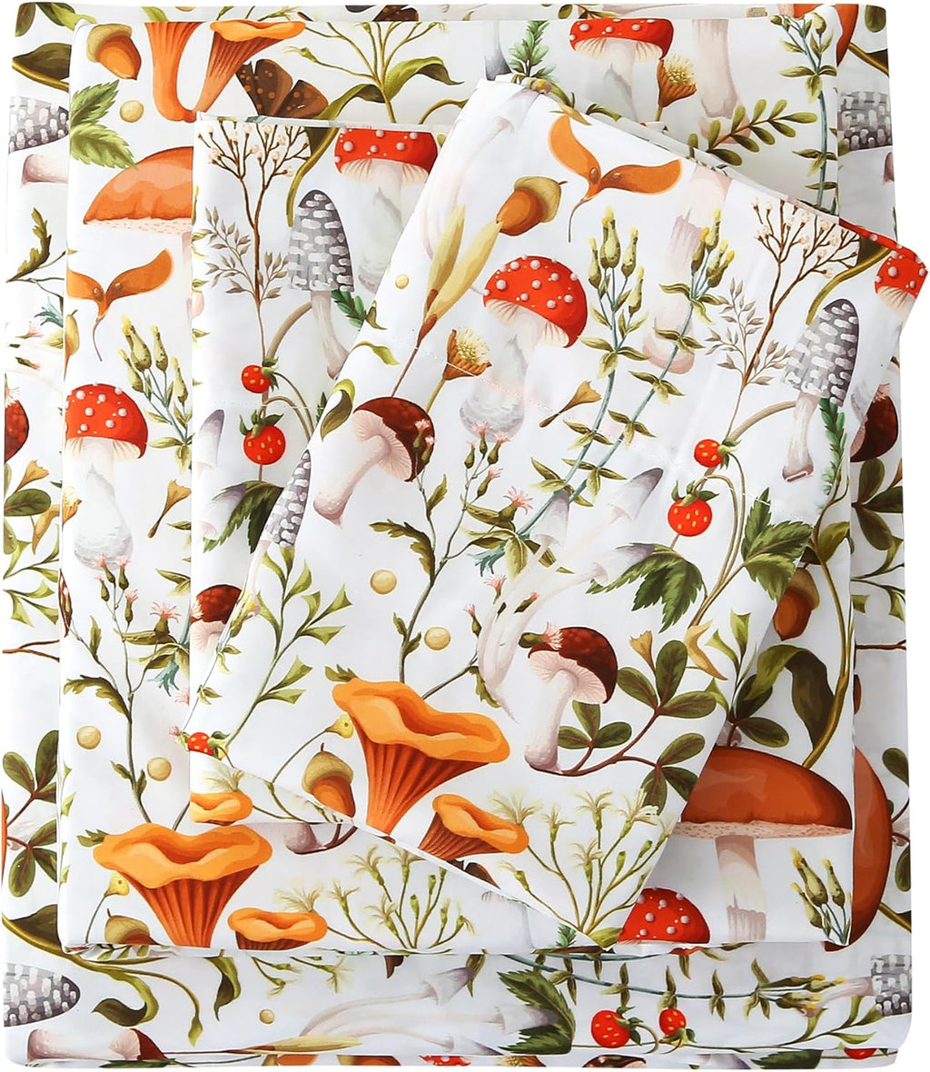 mooreeke Cozy Vintage Microfiber Printed Twin Sheet Set - Soft & Breathable Mushroom Forest Bed Sheets with Extra Deep Pocket - Non-Slip Fi…