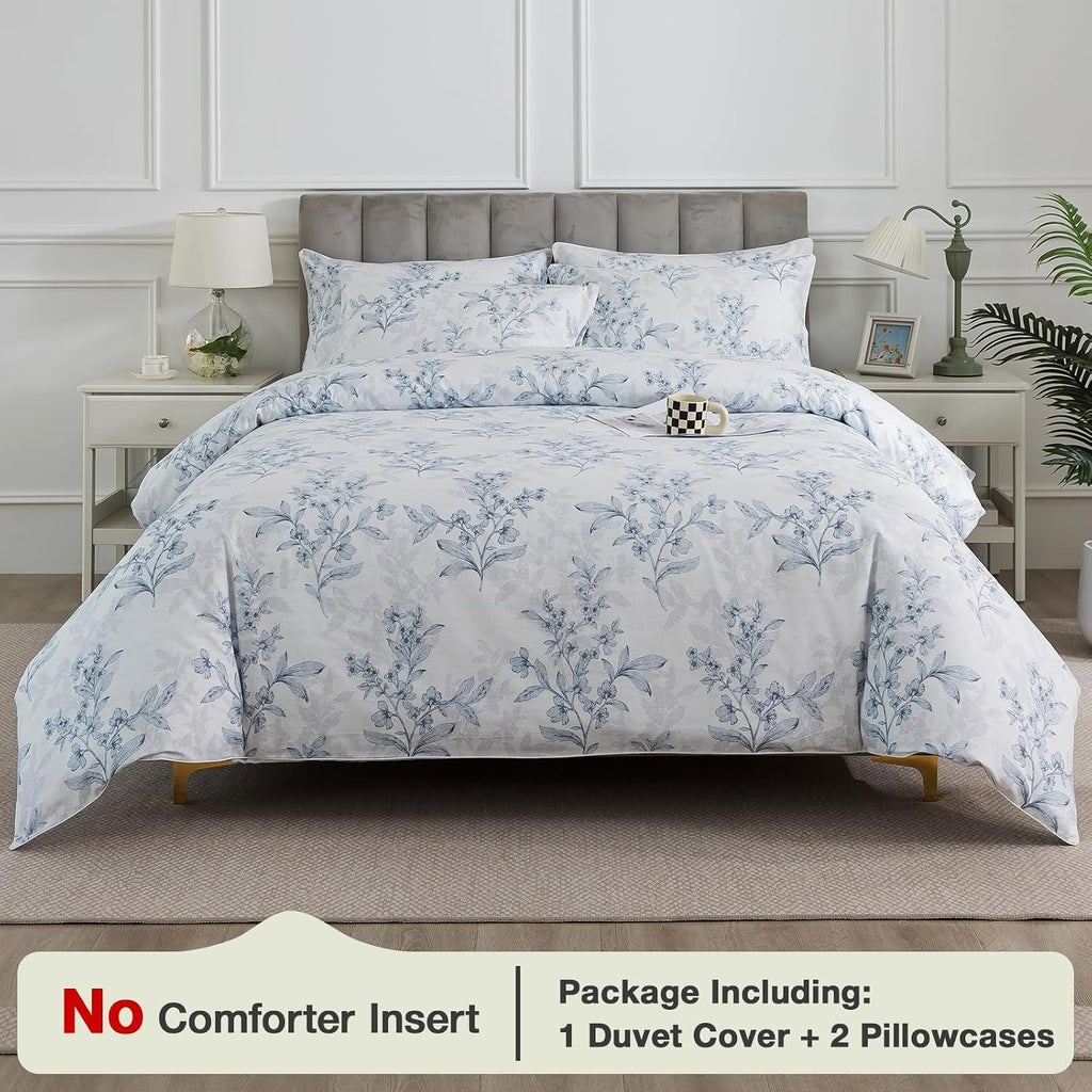 Puralens Grey Floral Duvet Cover King Size 3Pcs, 100% Cotton Flower Patterned Boho Comforter Cover Set with Zipper, Soft Crisp White Percal…