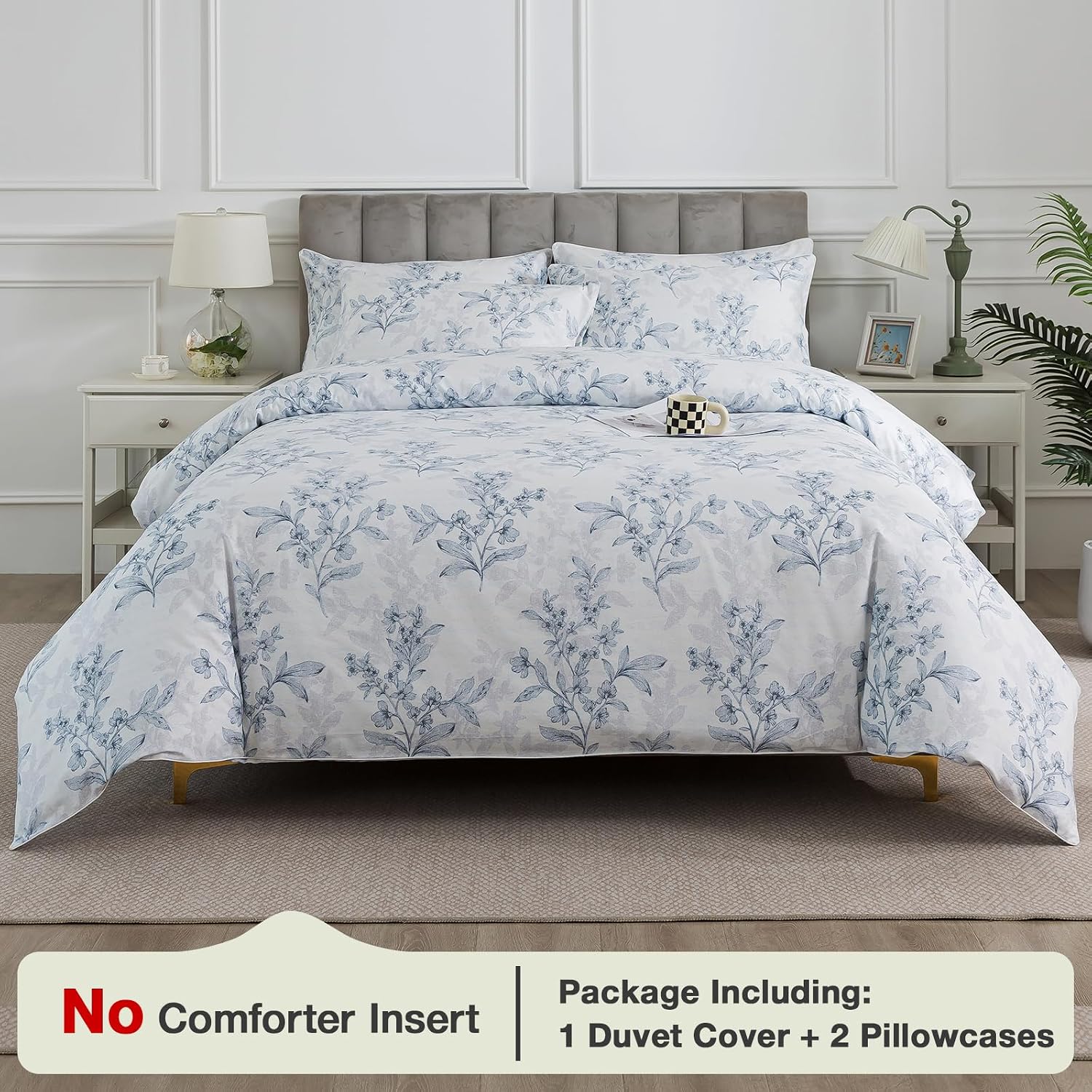 Puralens Grey Floral Duvet Cover King Size 3Pcs, 100% Cotton Flower Patterned Boho Comforter Cover Set with Zipper, Soft Crisp White Percal…