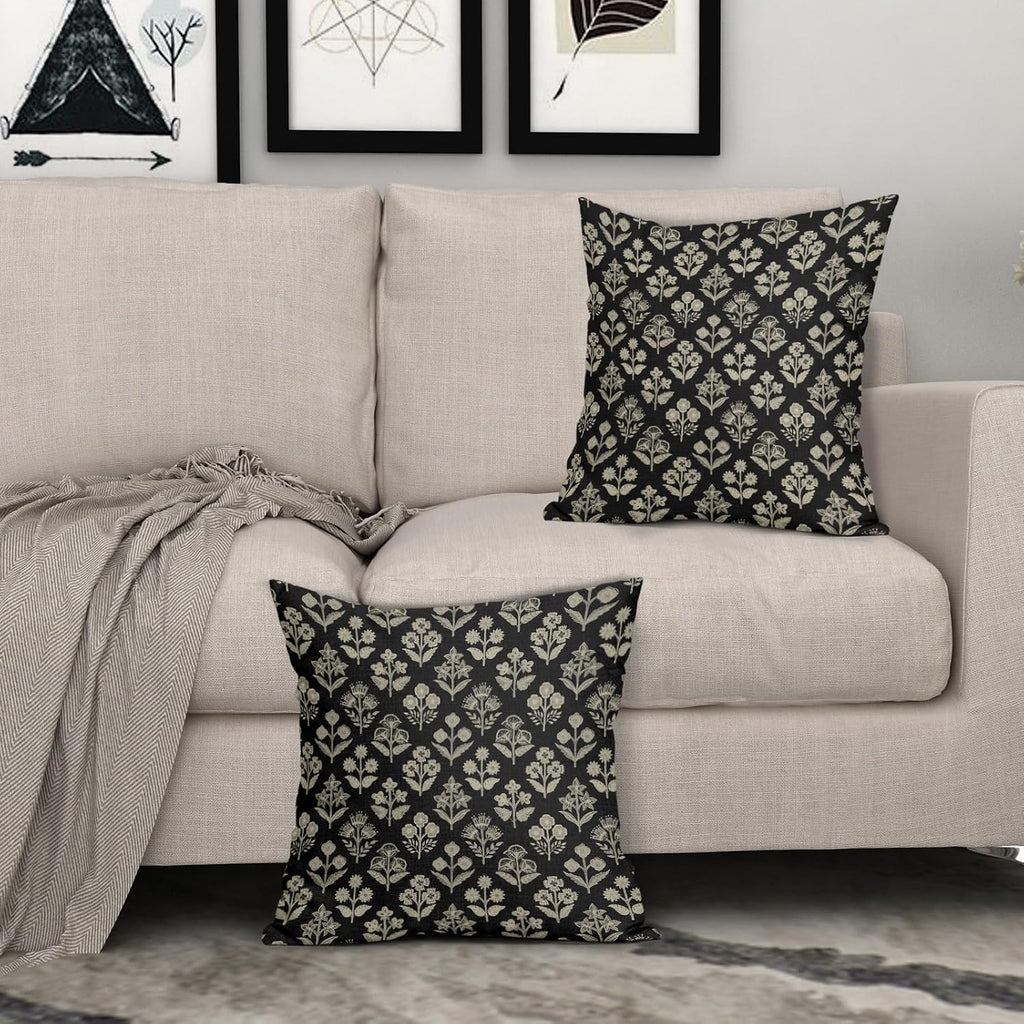 Black Floral Pillow Covers 22x22 Inch Set of 2, Vintage Flower Block Print Decorative Throw Pillowcases Outdoor Farmhouse Cushion Covers…
