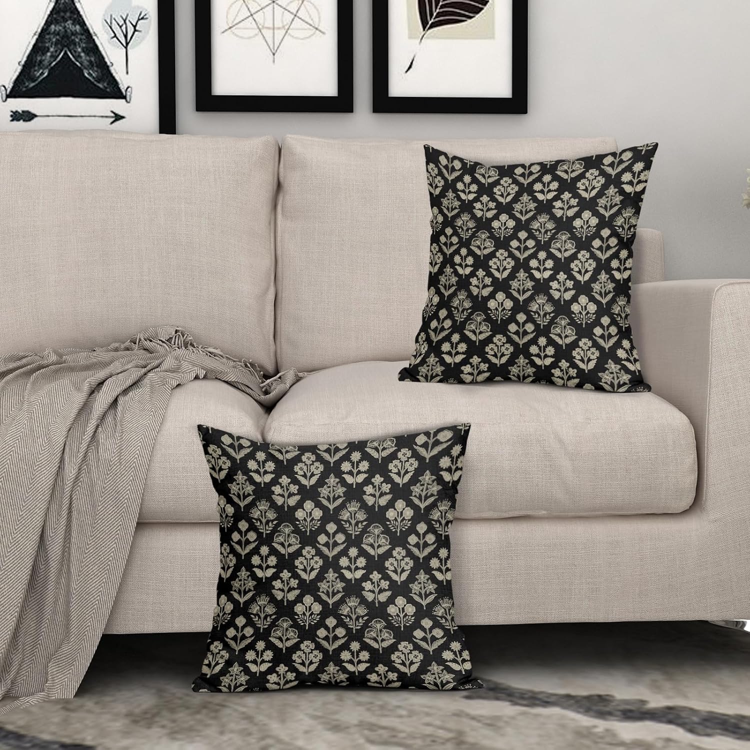Black Floral Pillow Covers 22x22 Inch Set of 2, Vintage Flower Block Print Decorative Throw Pillowcases Outdoor Farmhouse Cushion Covers…