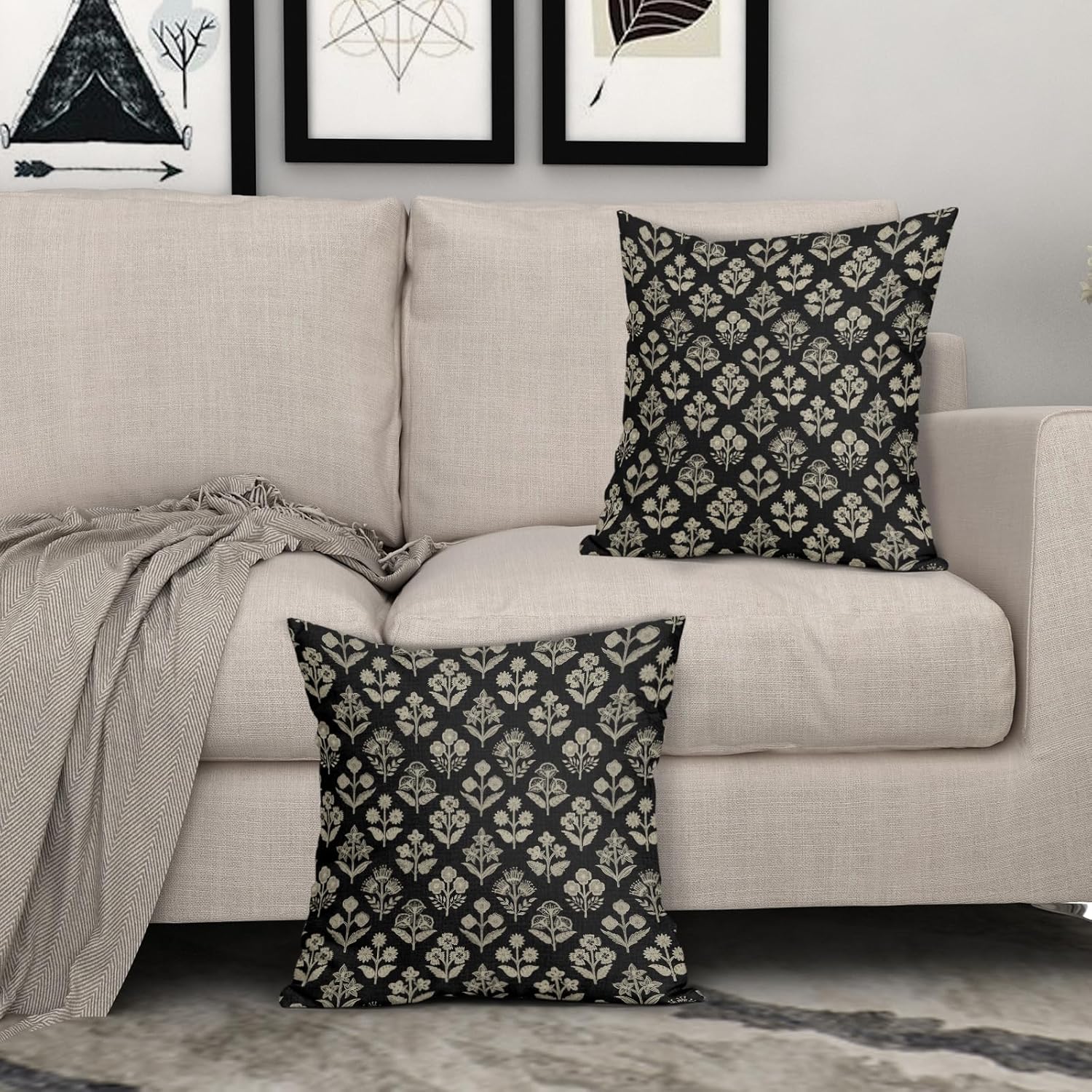 Black Floral Block Print Pillow Covers 16x16 Inch Set of 2, Vintage Flower Pattern Decorative Throw Pillowcases Outdoor Farmhouse Cushion…