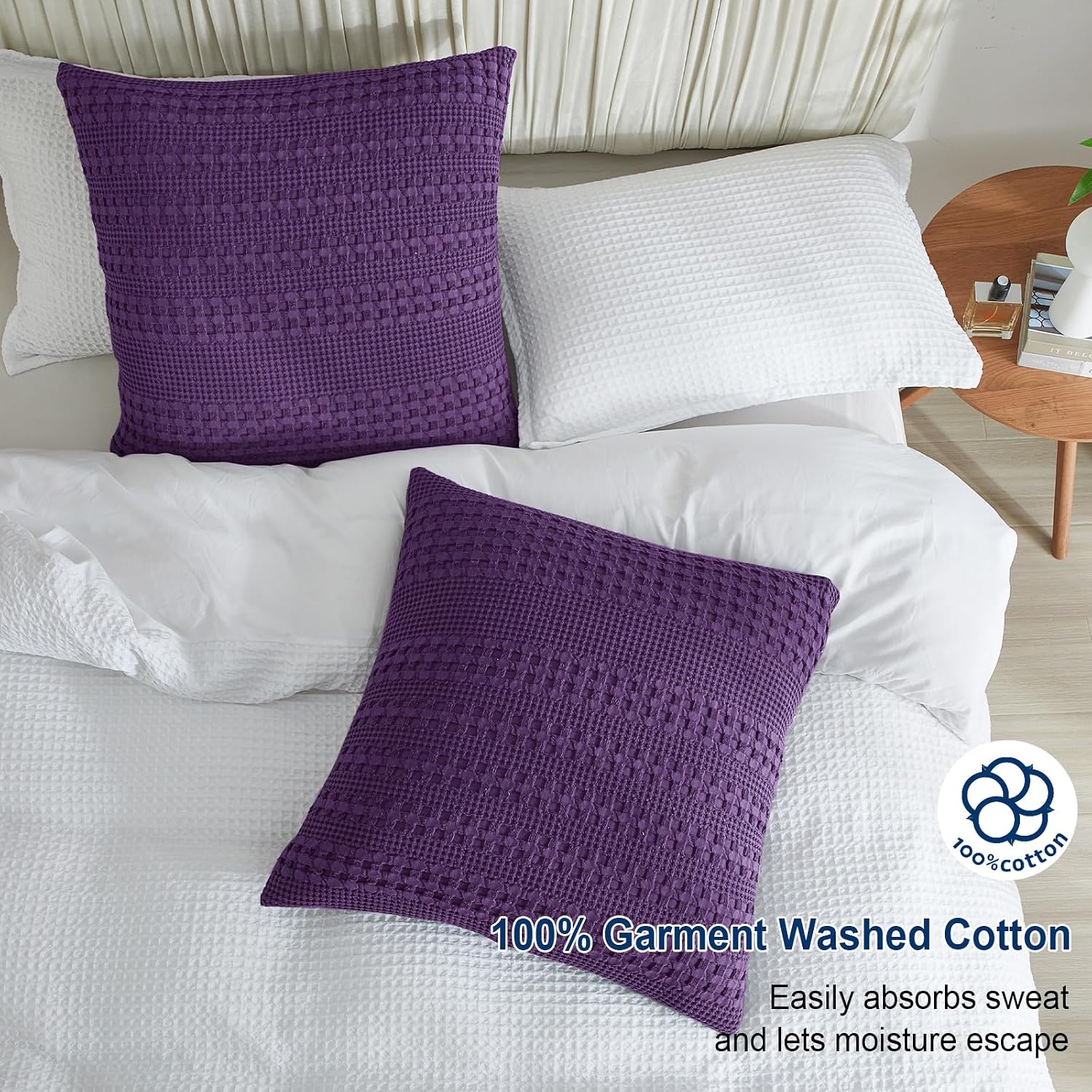Phf 100% Cotton Waffle Weave Euro Sham Covers, 2 Pack 26" x 26" Bed Pillow Covers for Elegant Home Decor, No Filling, Luxury Aesthetic Soft…