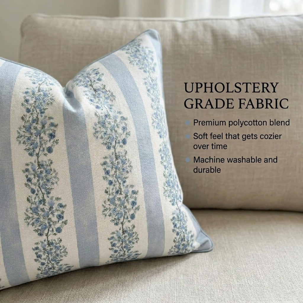 Jillien Harbor “The Juliet” Floral Block Print Pillow Cover – Soft Blue and Off-White Decorative Throw Pillow Cover – Grandmillennial…