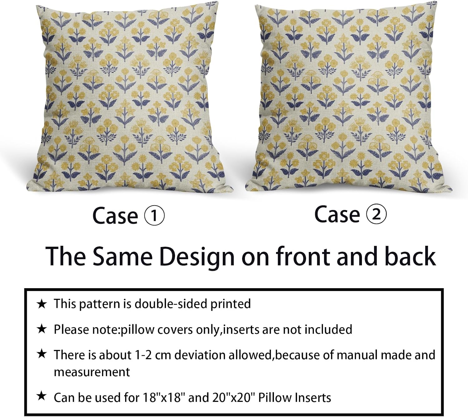 Navy Blue Yellow Floral Block Print Pillow Covers 20x20 Inch Set of 2, Vintage Flower Pattern Decorative Throw Pillowcases Outdoor…