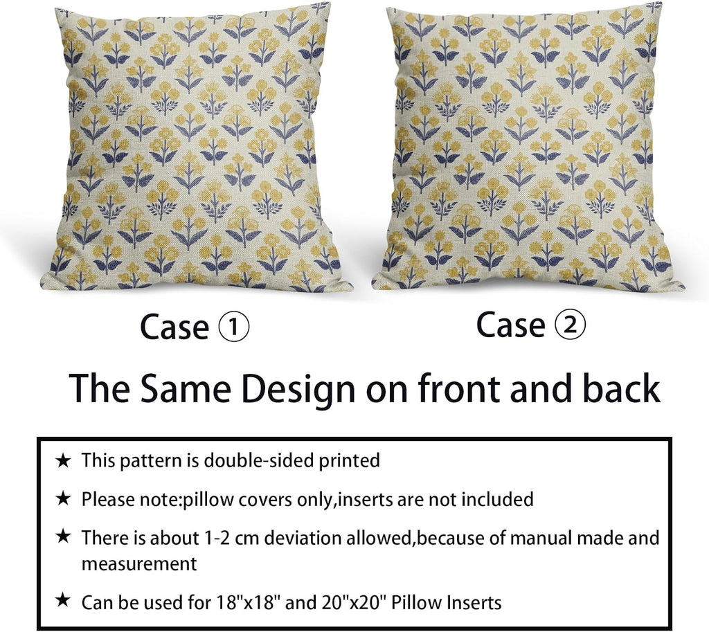 Navy Blue Yellow Floral Block Print Pillow Covers 18x18 Inch Set of 2, Vintage Flower Pattern Decorative Throw Pillowcases Outdoor…