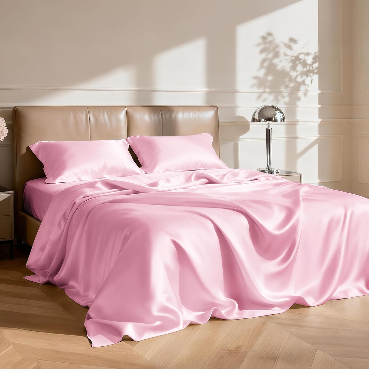 Lovescabin Love's cabin 4Piece California King Satin Bed Linen Set, Pink Silky Satin Sheets, Deep Pocket, Luxury Silk Feel, 1 Flat, 1 Fitte…