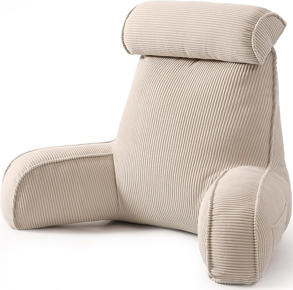 Ailuteie Reading Pillow for Sitting Up in Bed, Corduroy Backrest Pillow with Arms, Side Pocket & Washable Cover, Bed Rest Pillow Back Suppo…