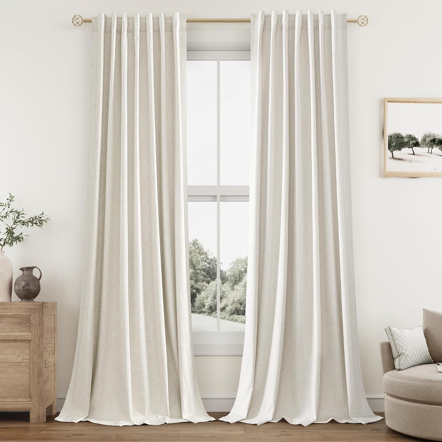 Guken Cream 100% Blackout Linen Curtains 132 Inch Length 2 Panels Set for Living Room Bedroom Back Tab Thermal Insulated Black Out Drapes R…