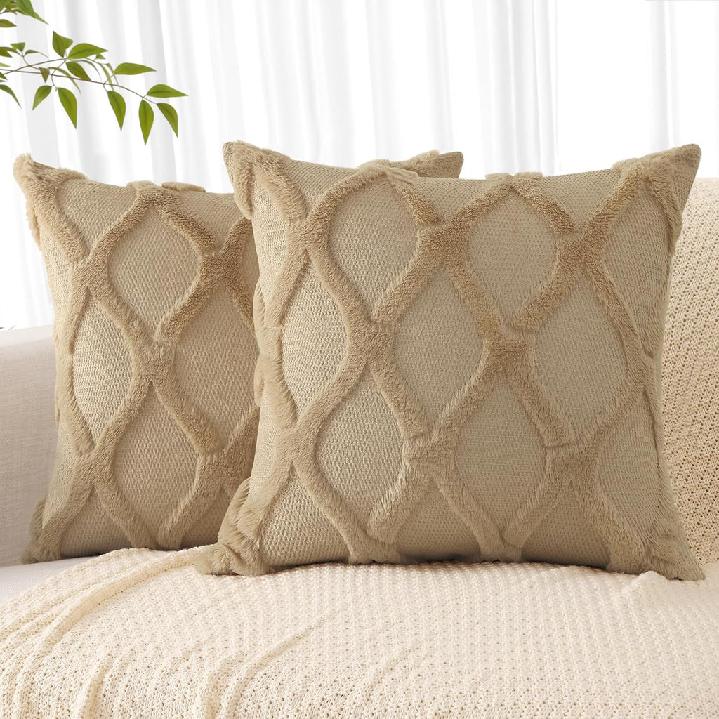 decorUhome Summer Throw Pillow Covers 18x18 Inch Set of 2, Soft Plush Faux Fur Wool Khaki Accent Couch Pillow Covers for Modern Farmhouse B…