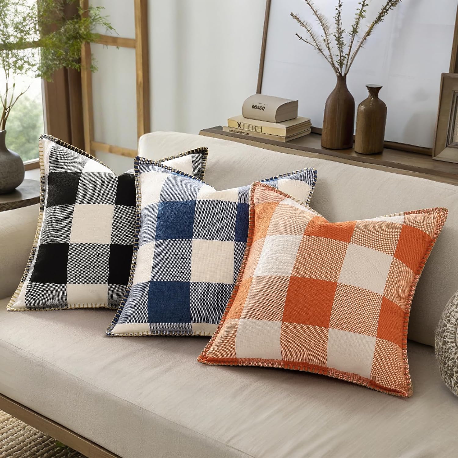 decorUhome Summer Buffalo Plaid Check Throw Pillow Covers 22x22 Set of 2 Outdoor Linen Decorative Farmhouse Gingham Euro Sham Pillow Covers…