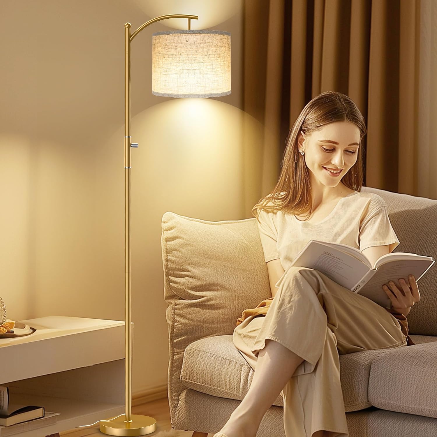 Dimmable Floor Lamp, Arc Floor Lamps for Living Room, Stepless Dimming Modern Standing Lamp with Linen Shade, Tall Lamp for Bedroom…