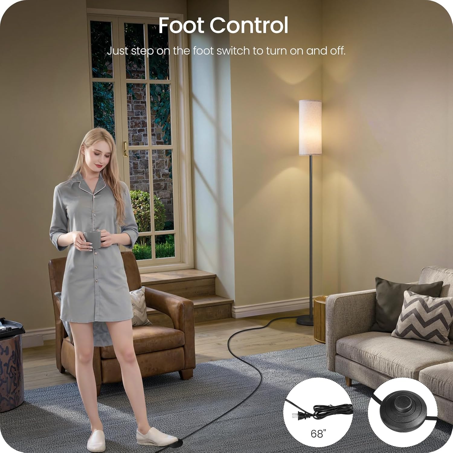 Dimmable Floor Lamp for Living Room with Remote and Foot Switch, Corner Floor Lamp, 64.4" Standing Tall Lamp, 10W 900LM LED Bulb…