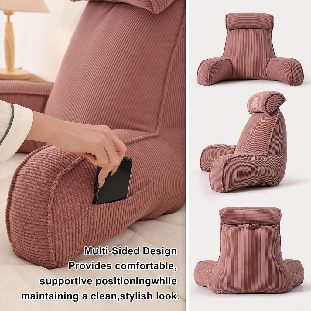 Ailuteie Corduroy Reading Pillow with Arms & Detachable Neck Roll, Bed Rest Back Support, Adult Cushion for Sitting Sofa & Floor, Side Pock…