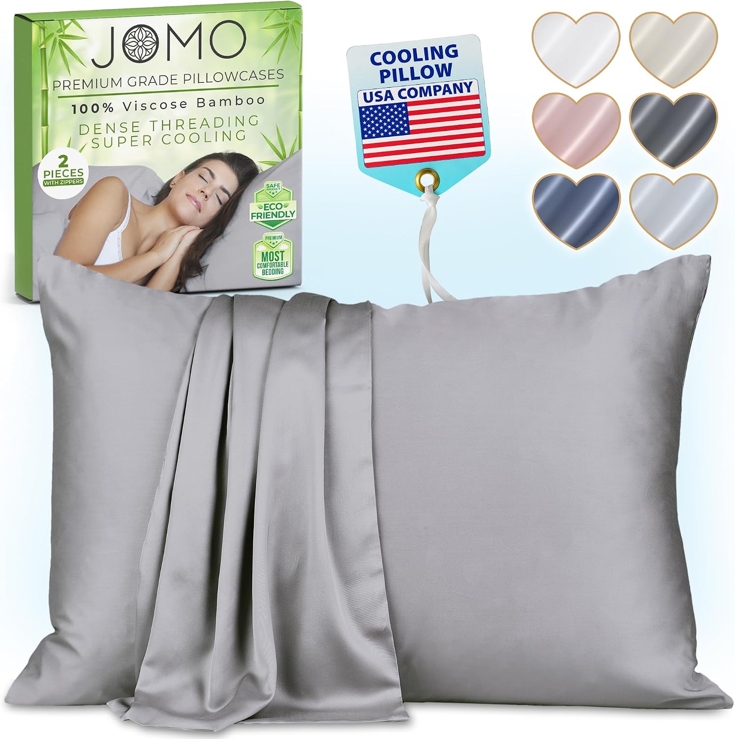 Zippered Pillowcases - Queen Size 30x20, 100% Viscose Derived from Bamboo, 2 PK, Gray - Cooling Pillow Cases - Silky Pillow Covers for…