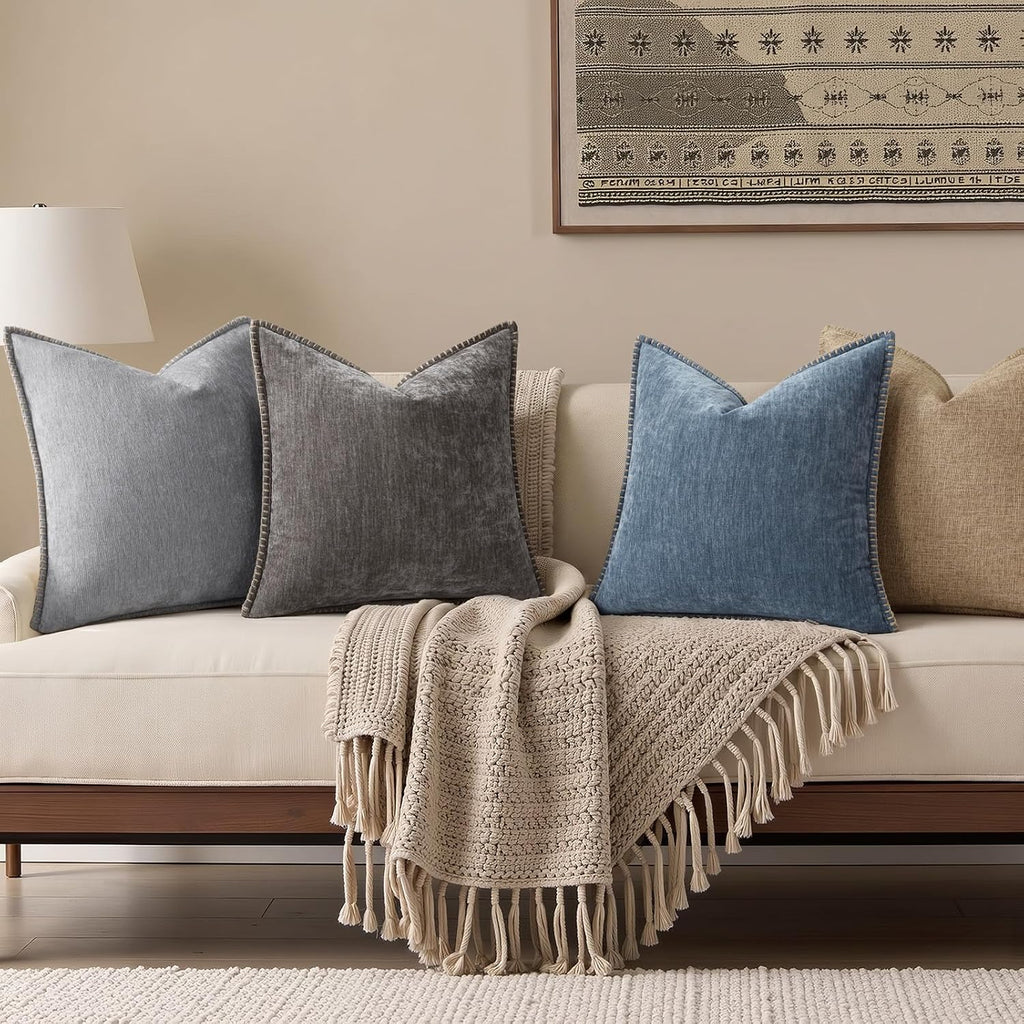 decorUhome Chenille Soft Throw Pillow Covers 20x20 Set of 2, Farmhouse Velvet Neutral Decorative Pillow Covers with Stitched Edge for Couch…