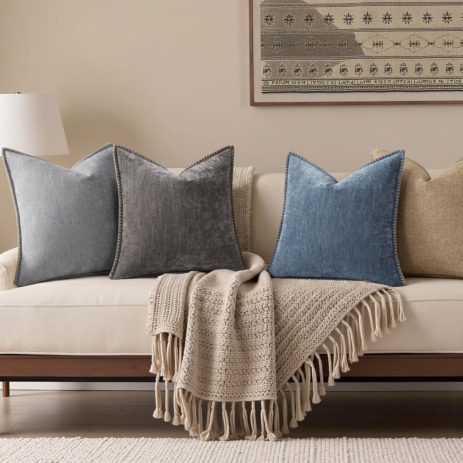 decorUhome Chenille Soft Throw Pillow Covers 18x18 Set of 2, Farmhouse Velvet Neutral Decorative Pillow Covers with Stitched Edge for Couch…