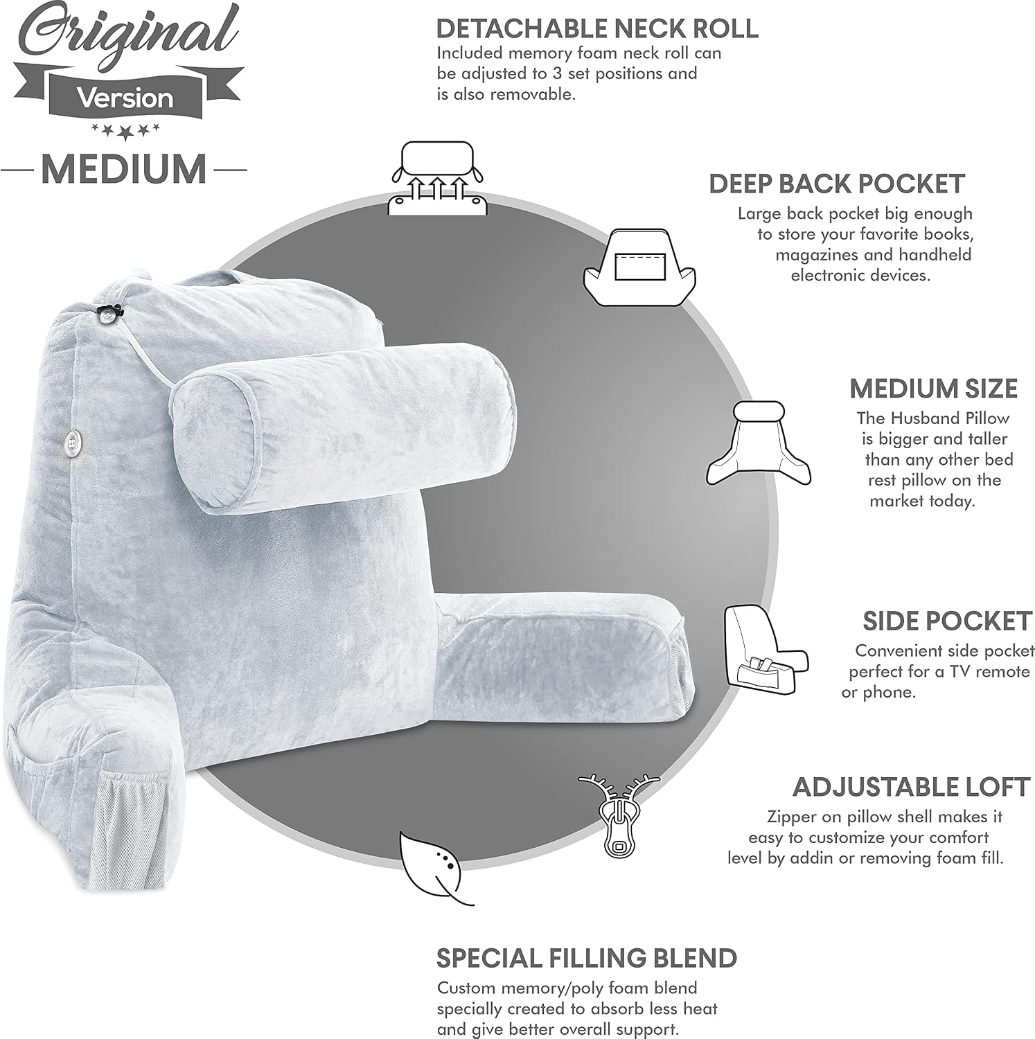 HusbandPillow Husband Pillow Medium Reading Pillow with Arms - 23" Backrest for Sitting Up in Bed - Firm Support Bed Rest Pillow for Adults…