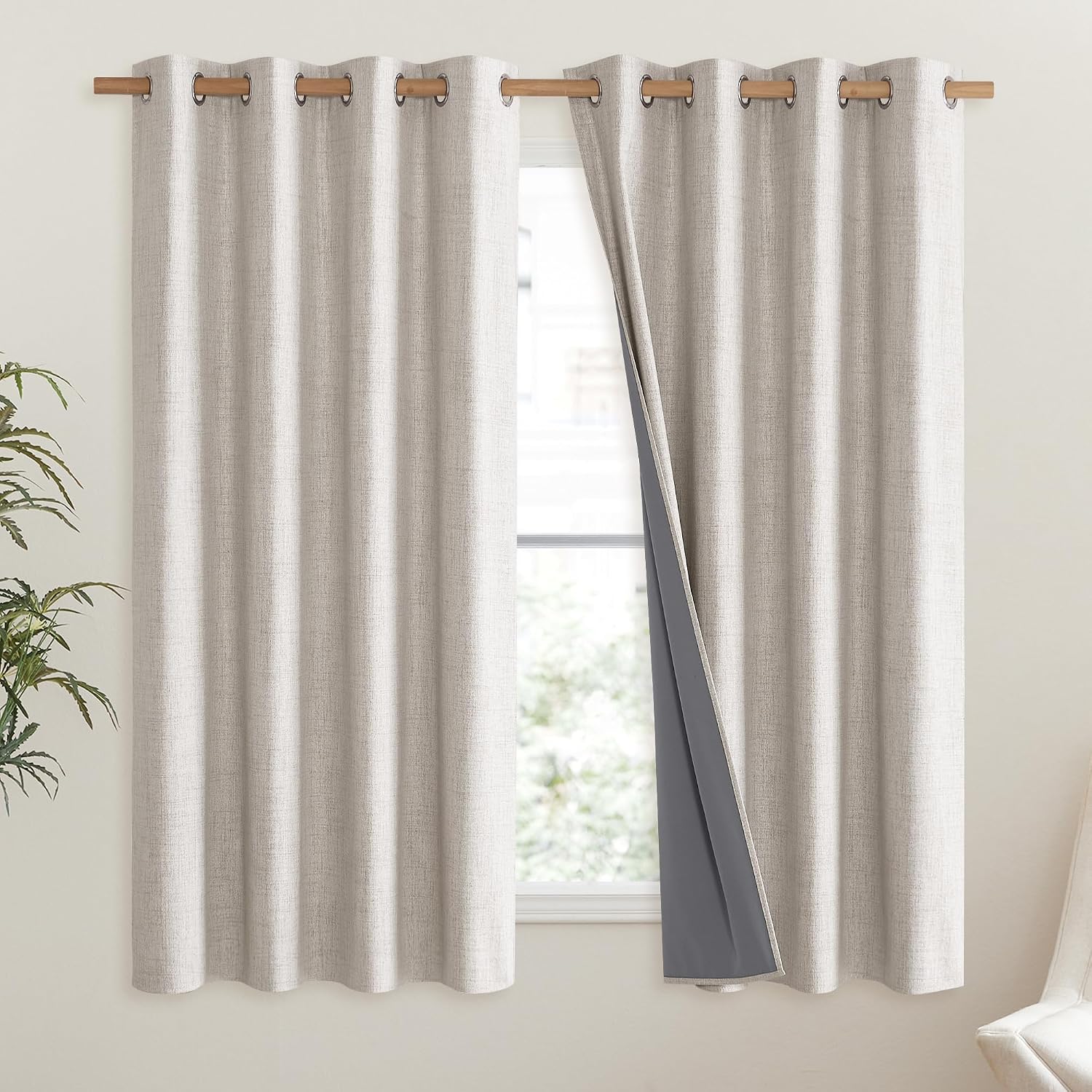 NICETOWN Brich Vintage Open Linen Weave Flax Thermal Curtains, 100% Blackout Curtains 48" Long for Dining Room, Soundproof Window…