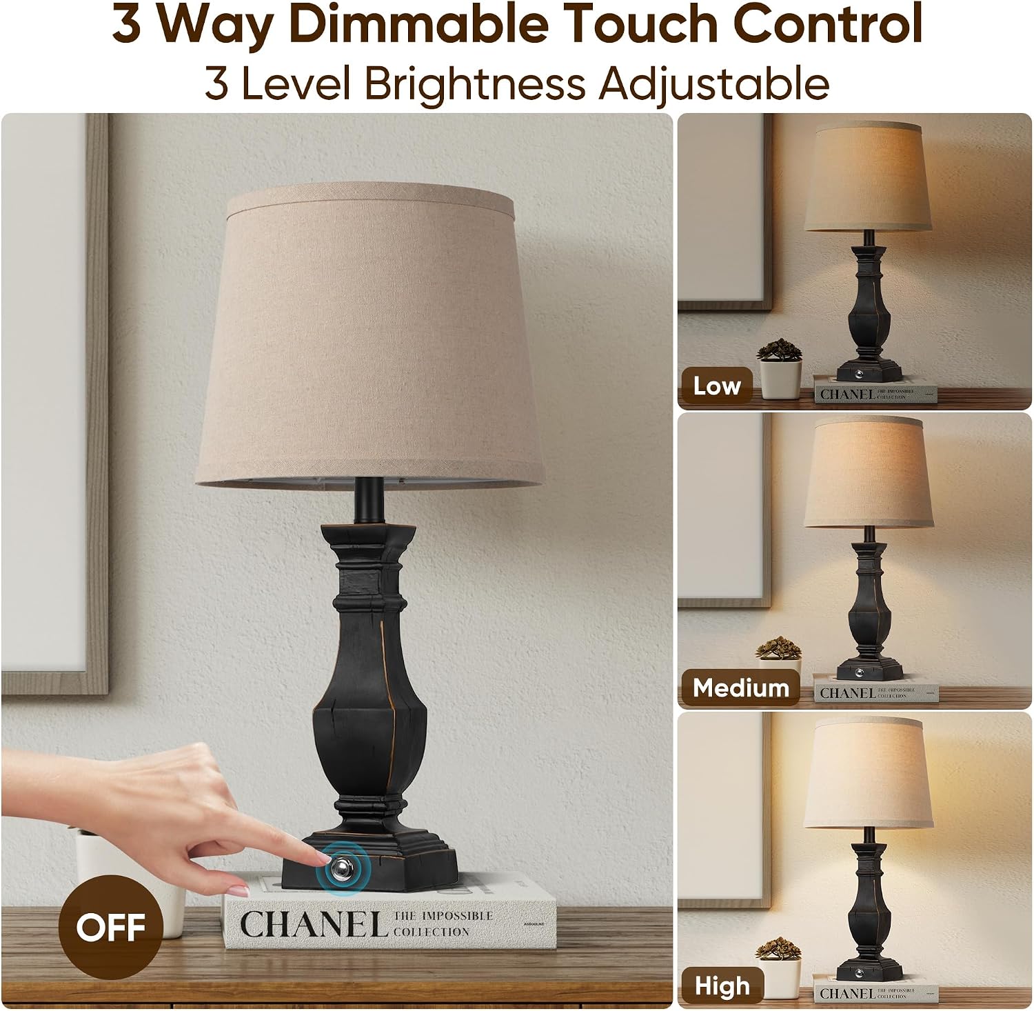 ROTTOGOON Dimmable Table Lamps Set of 2, Rustic Farmhouse Table Lamps for Living Room Bedroom, Bedside Desk Lamps for end Tables, Touch…