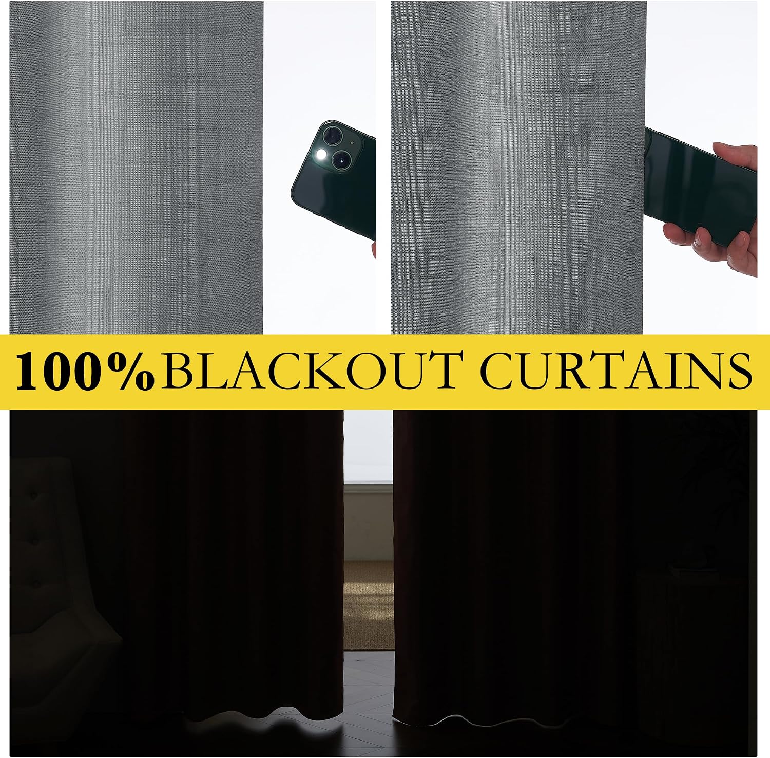NICETOWN 100% Absolutely Blackout Linen Curtains with Thermal Insulated White Liner, Dove Grey, W52, 2 Pieces, Noise Reducing Textured…