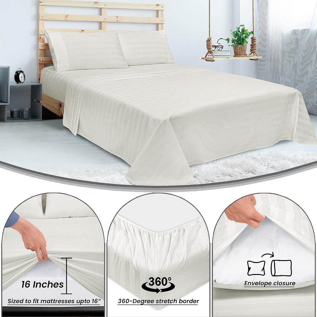 Royalelinens ROYALE LINENS 300 Thread Count 100% Long Staple Combed Cotton Striped Sheet Set - 4 Piece Full Bed Sheets - 1 Fitted, 1 Flat,…